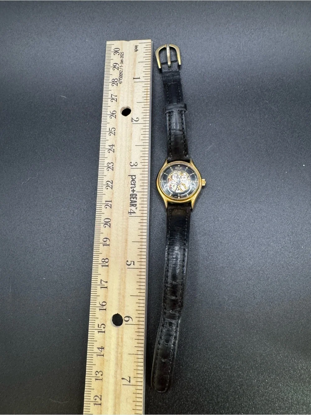 VTG Relic ZR-72100 Ladies Skeleton Watch New Battery 25MM 7” Black Leather Band